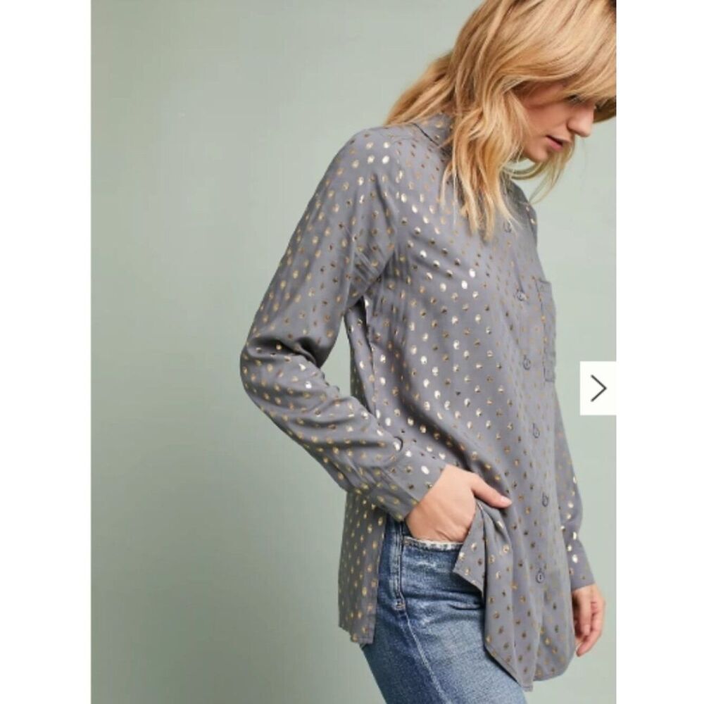Like New! MONARC Rene Foil Spot Blouse Polka Dot Button-Up Gray/Gold in Size S